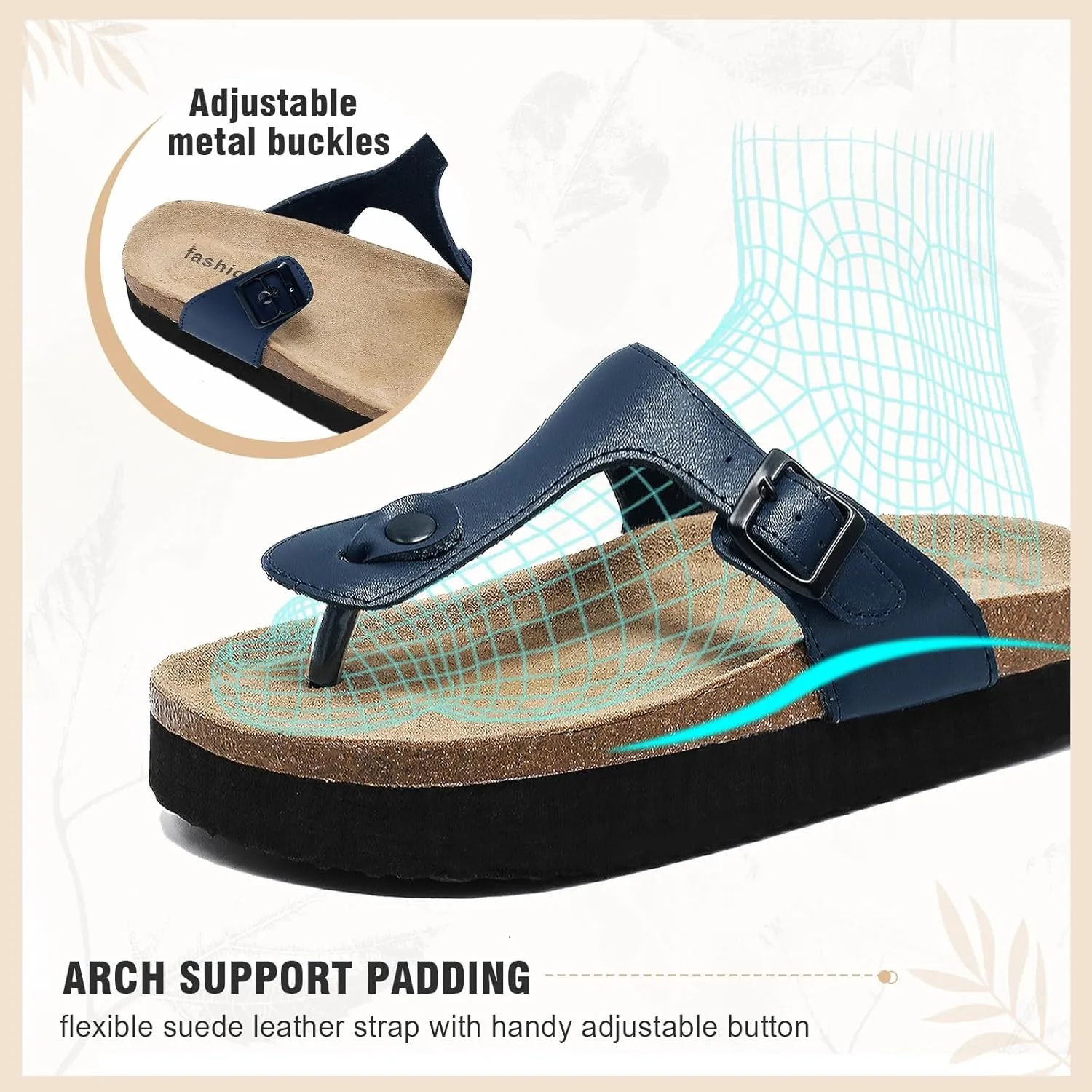 Cork Flip Flops for Women, Arch Support Thong Sandals with Adjustable Buckle Straps, Comfortable Casual Summer Footwear for Beach & Outdoor Activities