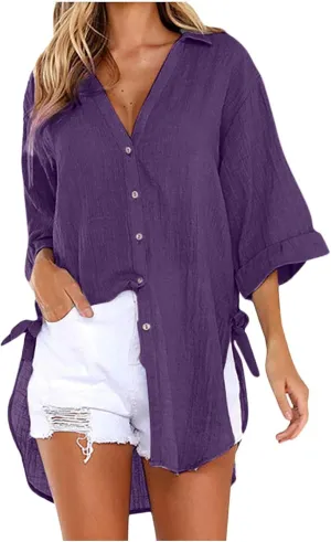 Cover Ups for Swimwear Women 2025 Linen Button Down Shirt Rolled Cuffed Short Sleeve Blouse Casual Beach Cotton Tops