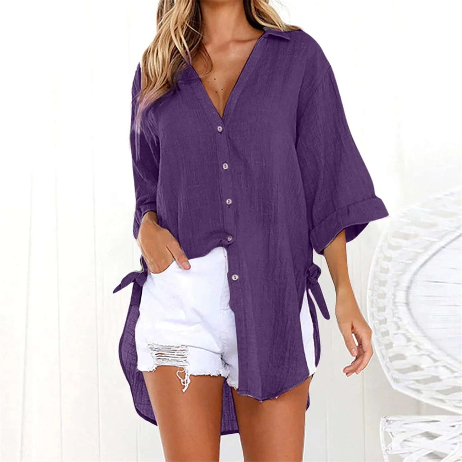 Cover Ups for Swimwear Women 2025 Linen Button Down Shirt Rolled Cuffed Short Sleeve Blouse Casual Beach Cotton Tops