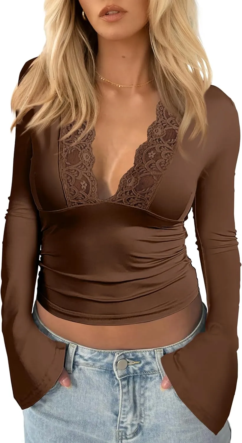 CSDAJIO Women's Lace Deep V Neck Long Sleeve Low Cut Crop Top Slim Fitted T Shirt Fall Going Out Shirts