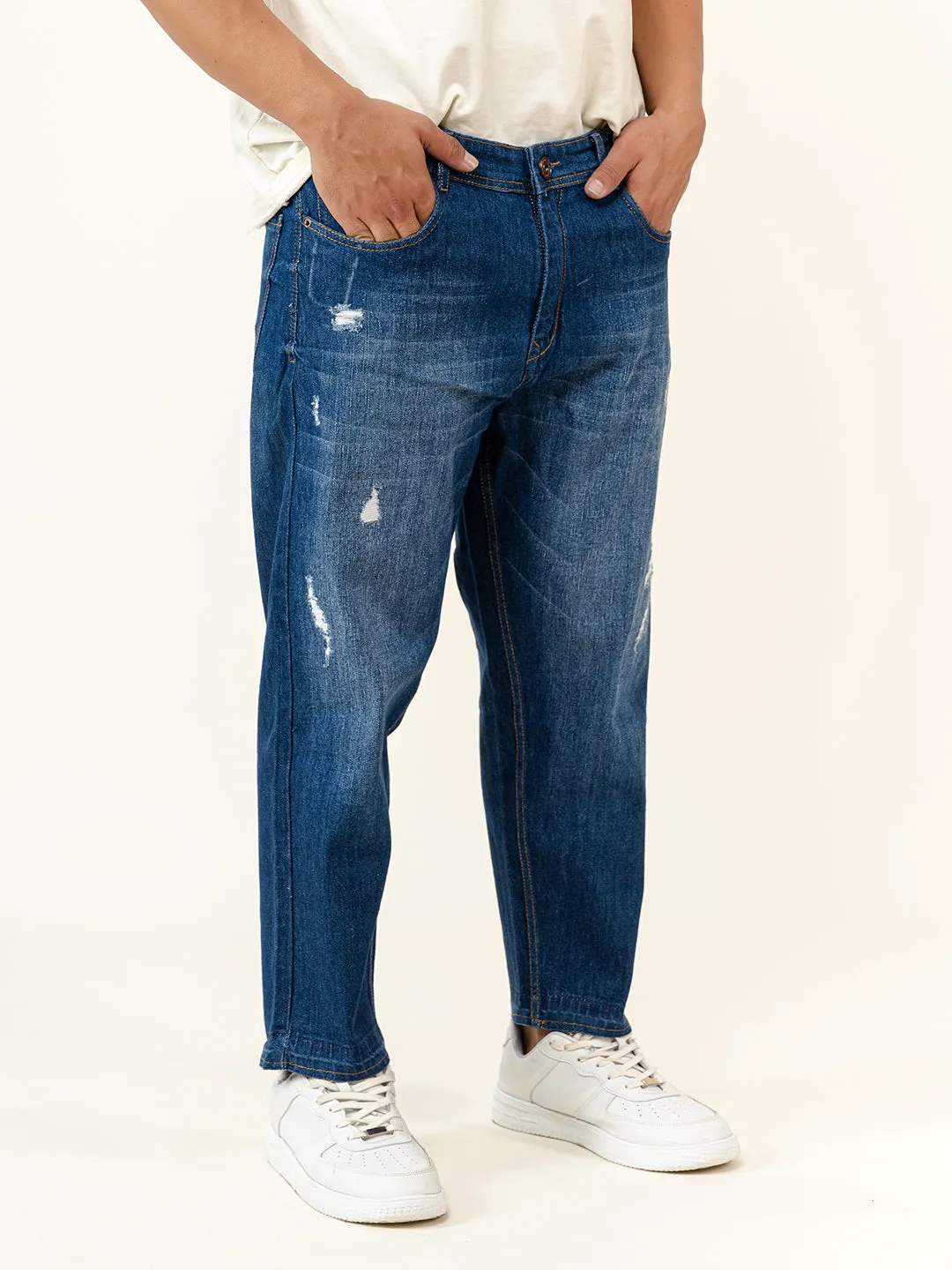 Dark Blue Ripped Cropped Slim Fit Mens Jeans