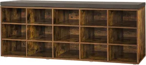 DINZI LVJ Shoe Storage Bench with Cushion, 15-Cubby Rack, Adjustable Shelves, Long Organizer Bench for Entryway, Mudroom, Hallway, Living Room, Bedroom and Garage, Rustic Brown