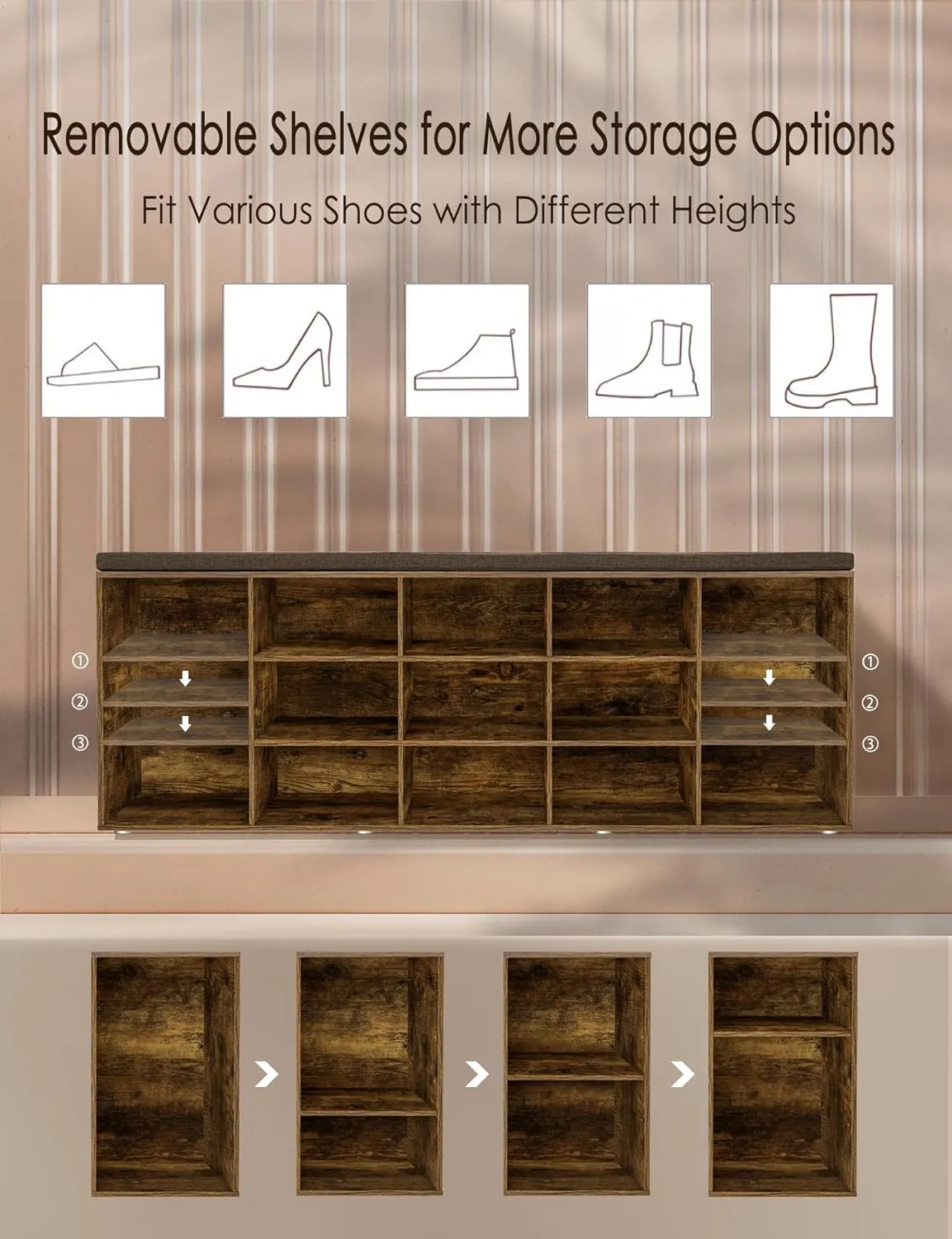 DINZI LVJ Shoe Storage Bench with Cushion, 15-Cubby Rack, Adjustable Shelves, Long Organizer Bench for Entryway, Mudroom, Hallway, Living Room, Bedroom and Garage, Rustic Brown