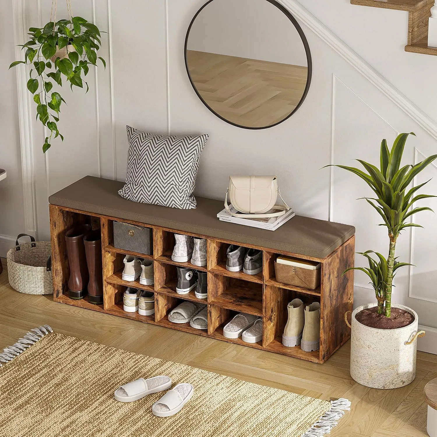 DINZI LVJ Shoe Storage Bench with Cushion, 15-Cubby Rack, Adjustable Shelves, Long Organizer Bench for Entryway, Mudroom, Hallway, Living Room, Bedroom and Garage, Rustic Brown