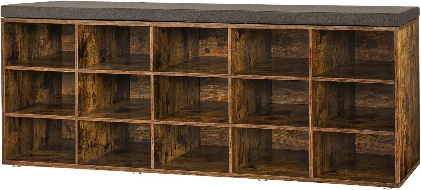 DINZI LVJ Shoe Storage Bench with Cushion, 15-Cubby Rack, Adjustable Shelves, Long Organizer Bench for Entryway, Mudroom, Hallway, Living Room, Bedroom and Garage, Rustic Brown