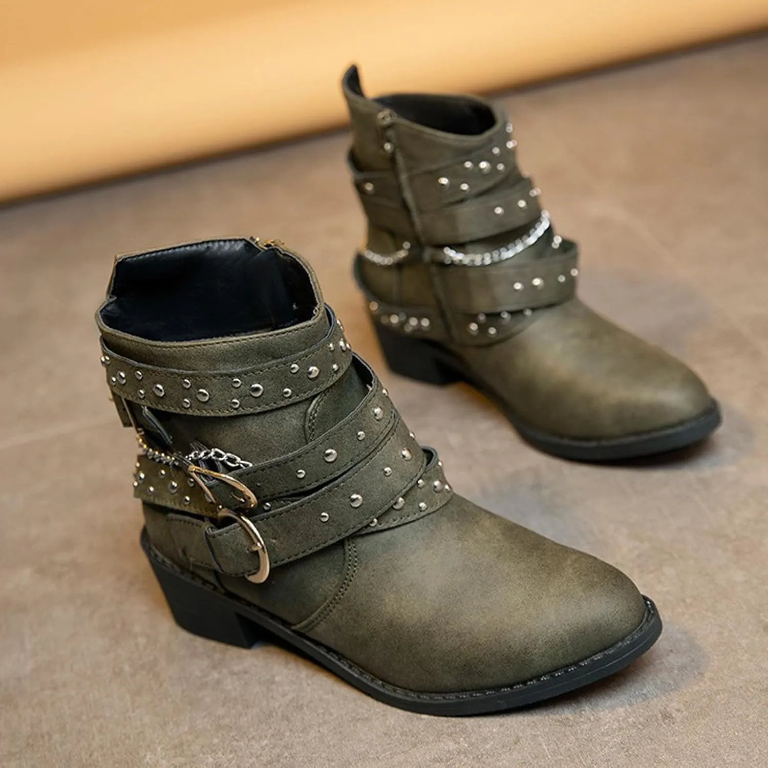 DirraBra Women's Goth Leather Block Heel Ankle Boots Fashion Studded Ankle Strap Trim Punk Boots Winter Side Zipper Motorcycle Short Booties