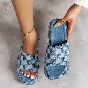 Distressed Plaid Faux Leather Platform Sandals