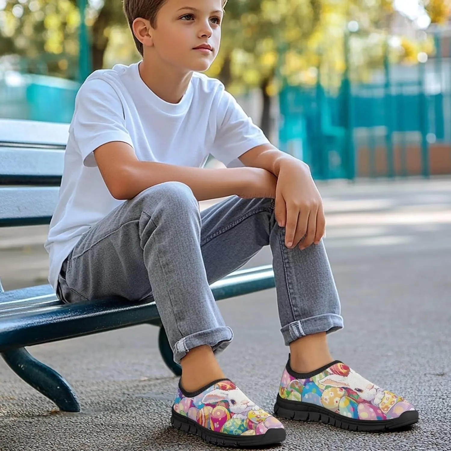 Easter Print Running Shoes Polyester Fabric Sneakers for Boys and Girls Breathable Casual Shoes Laceless Lightweight Shoes