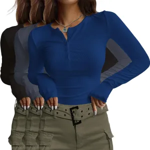 Ekouaer Women's Long Sleeve Shirts 3 Packs Henley Button Down Tops Ribbed Slim Fit Base Layer Soft Thermal Tee