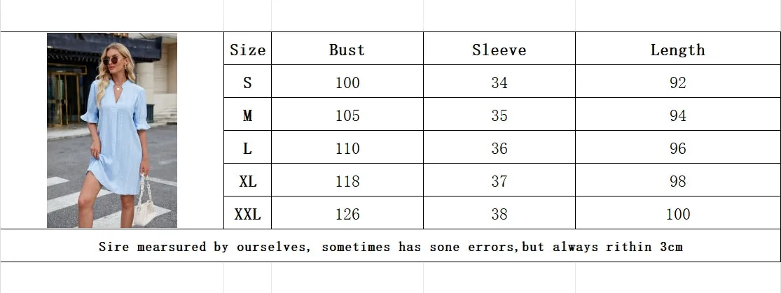 European Summer Embroidered Eyelet Dress – Casual V-Neck Mid-Sleeve Tunic