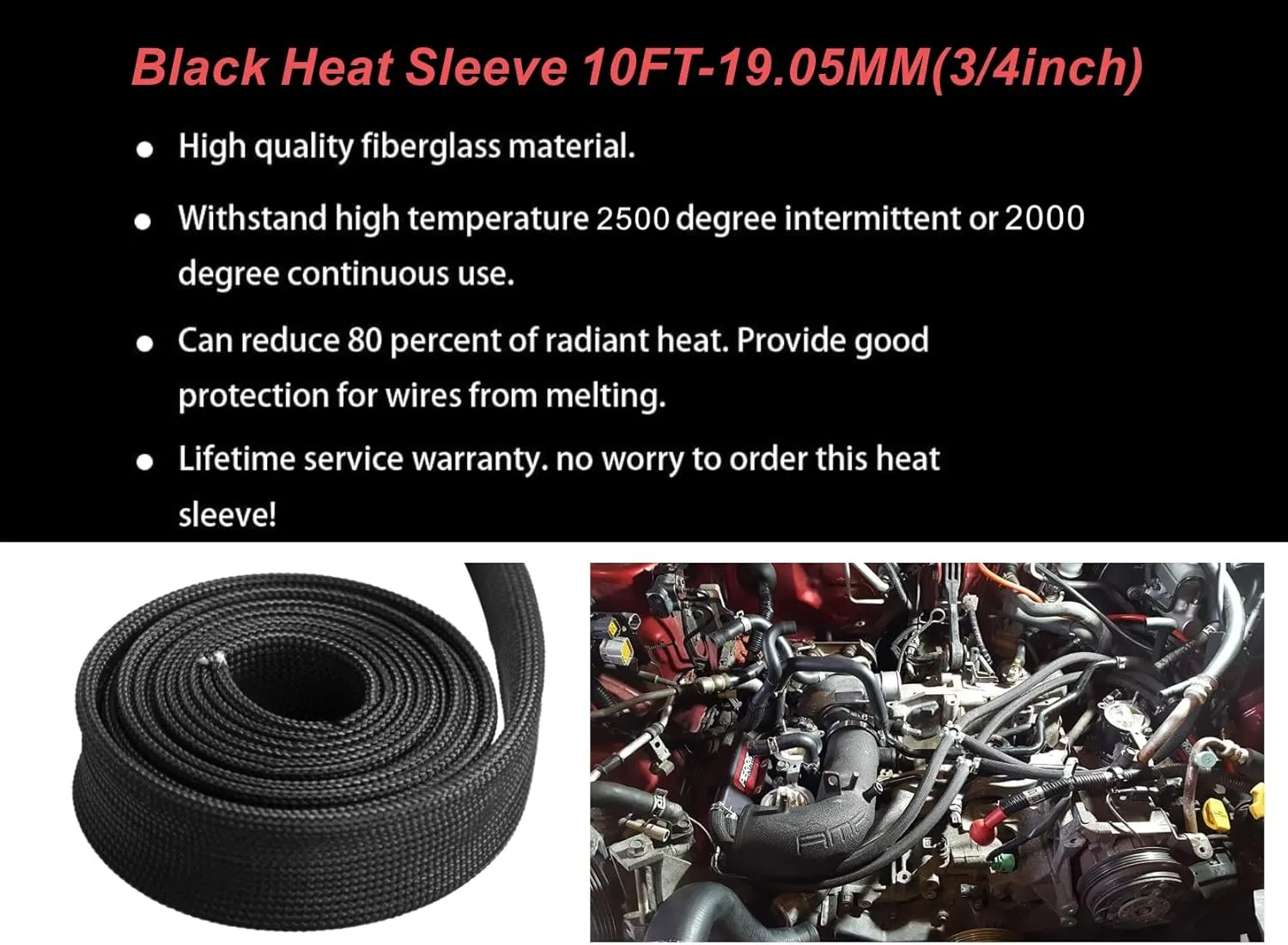 Fiberglass Hose Heat Shield Sleeve Spark Plug Wire Heat Protector Boots Auto Hose Roll 2500 Degree for Car&Auto Wire Loom Brake Line Cable (Black 3/4" IDX10')