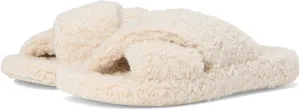 FitFlop iQushion D Luxe Teddy Cross Slides for Women - Women's Cozy Fleece Comfort Sandals, Indoor Outdoor Slippers with Arch Support, Ultra Light Cushioning, Slip Resistant Sole