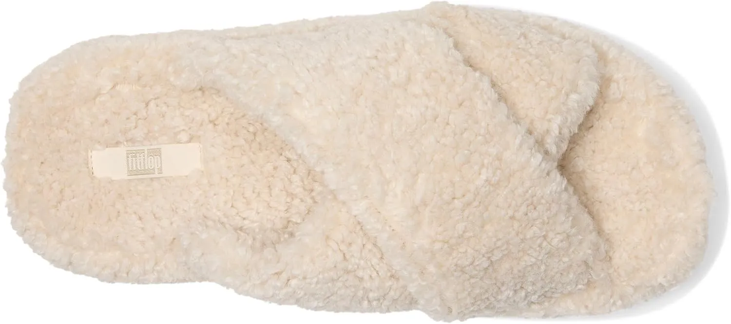 FitFlop iQushion D Luxe Teddy Cross Slides for Women - Women's Cozy Fleece Comfort Sandals, Indoor Outdoor Slippers with Arch Support, Ultra Light Cushioning, Slip Resistant Sole