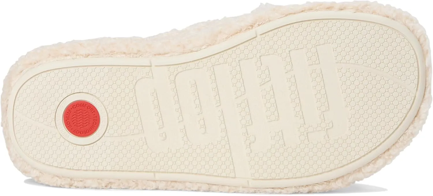 FitFlop iQushion D Luxe Teddy Cross Slides for Women - Women's Cozy Fleece Comfort Sandals, Indoor Outdoor Slippers with Arch Support, Ultra Light Cushioning, Slip Resistant Sole