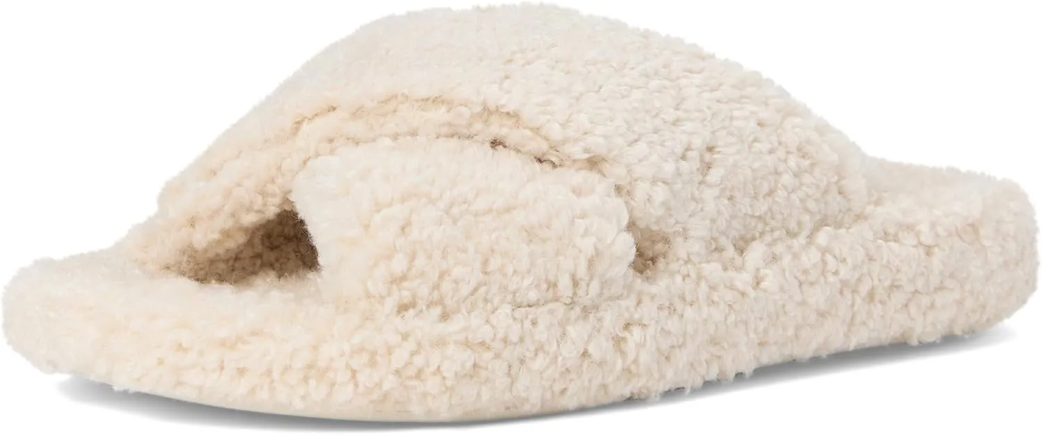 FitFlop iQushion D Luxe Teddy Cross Slides for Women - Women's Cozy Fleece Comfort Sandals, Indoor Outdoor Slippers with Arch Support, Ultra Light Cushioning, Slip Resistant Sole