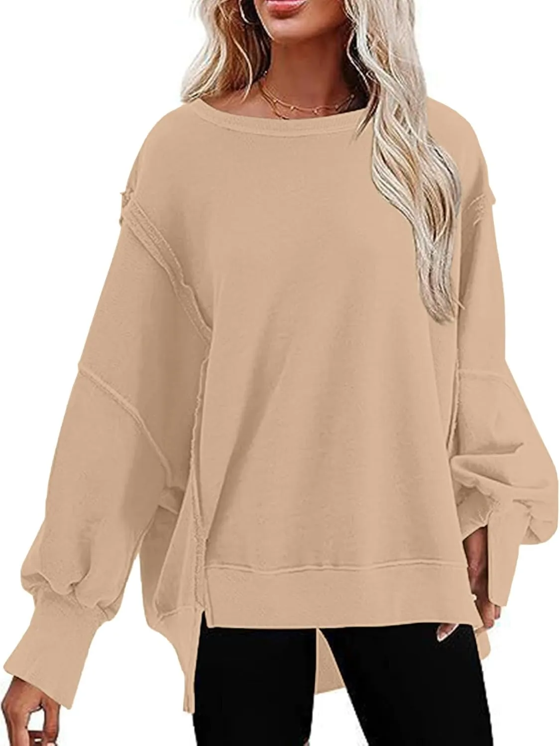 Fronage Women Oversized Sweatshirts Crewneck Side Slit Pullover Long Sleeve Casual Tops