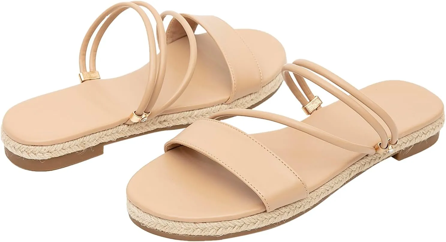 GATUXUS Women's Espadrilles Slip On Flats Sandals Peep Toe Slides Slingback Raffia Sandals Summer Beach Shoes