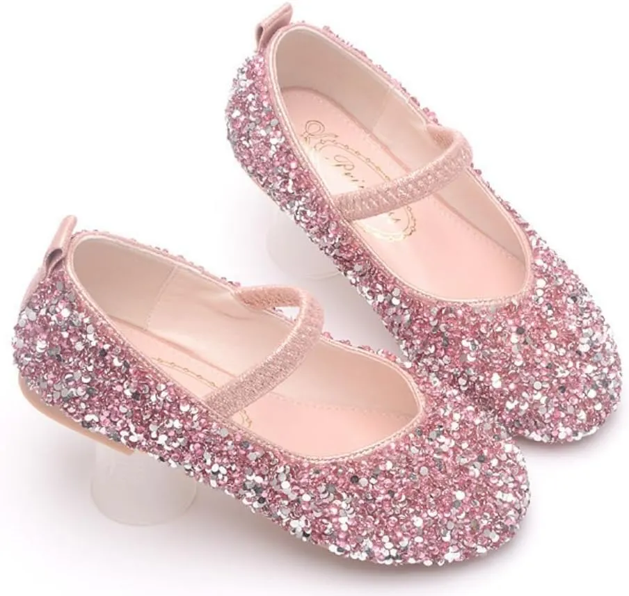 Girls Classic Slip on Mary Jane Ballet Flats Glitter Wedding Party Bridesmaids Flower Girl Princess Dress Shoes for Kid Toddler
