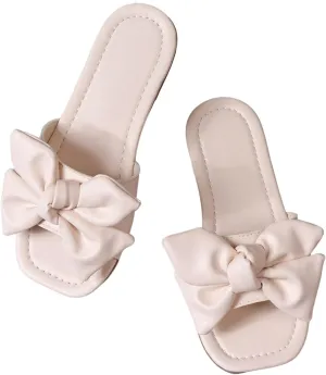 GORGLITTER Girl's Bow Tie Decor Single Band Flats Square Open Toe Pu Leather Slide Sandals