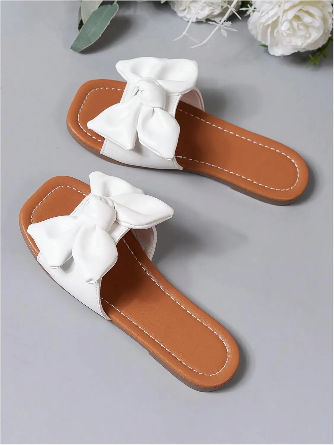 GORGLITTER Girl's Bow Tie Decor Single Band Flats Square Open Toe Pu Leather Slide Sandals