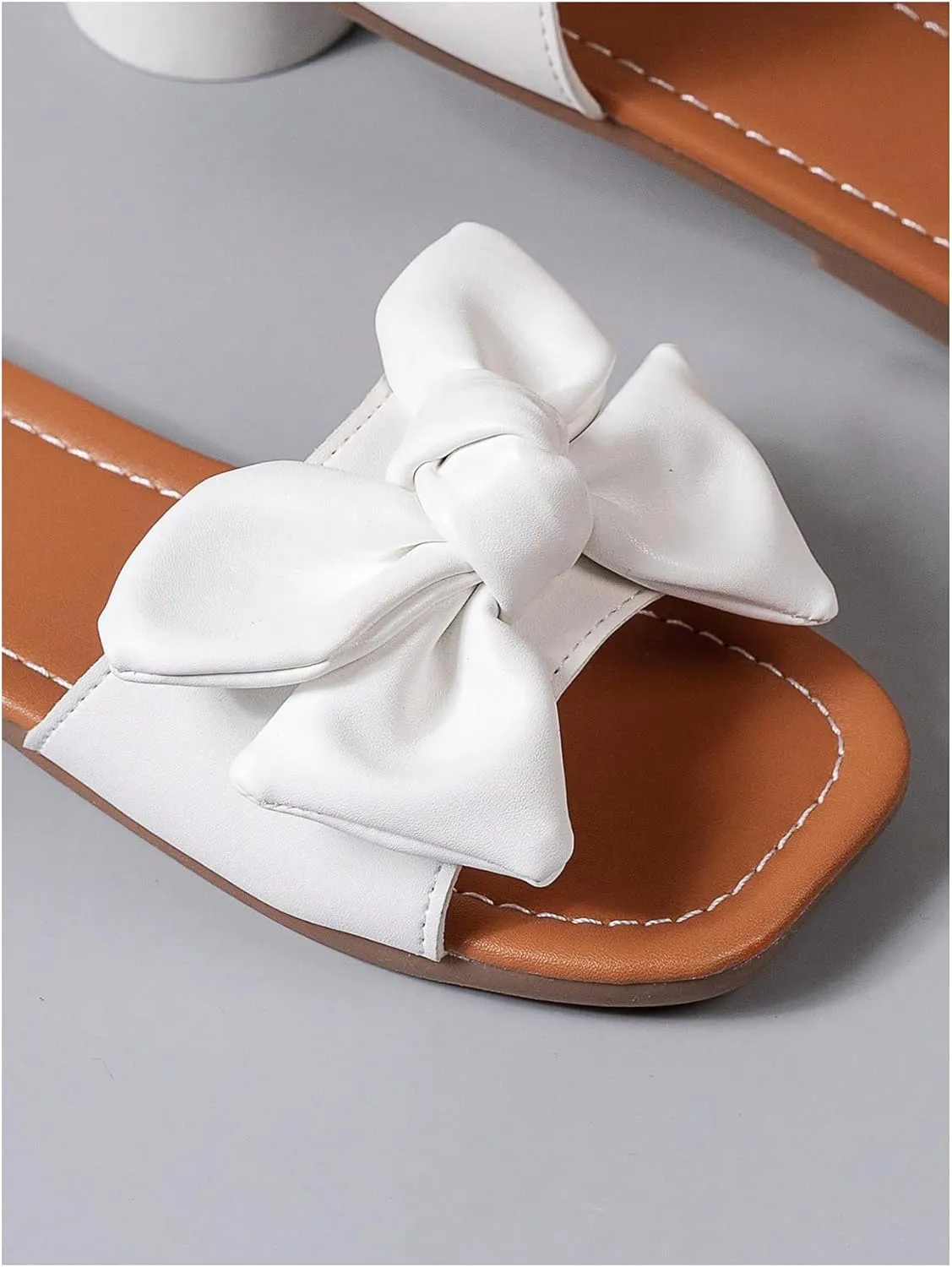 GORGLITTER Girl's Bow Tie Decor Single Band Flats Square Open Toe Pu Leather Slide Sandals