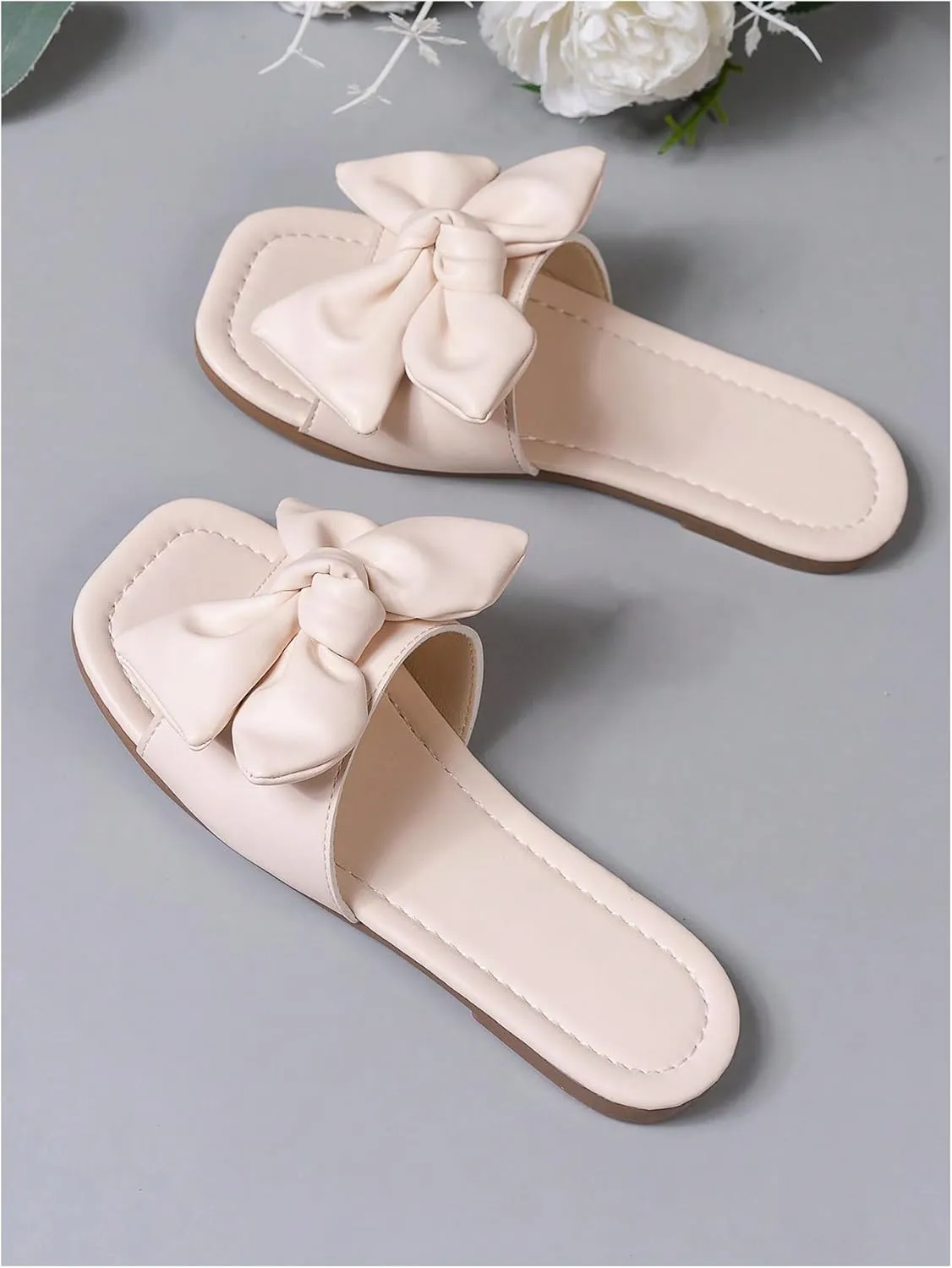 GORGLITTER Girl's Bow Tie Decor Single Band Flats Square Open Toe Pu Leather Slide Sandals