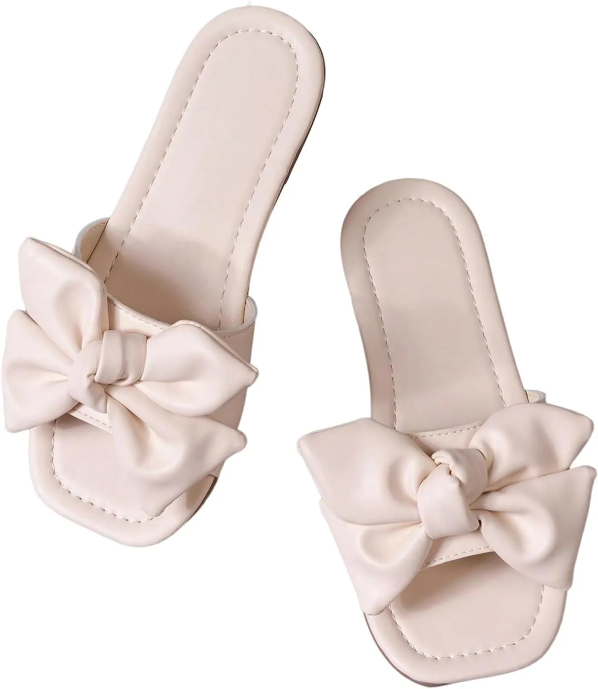 GORGLITTER Girl's Bow Tie Decor Single Band Flats Square Open Toe Pu Leather Slide Sandals