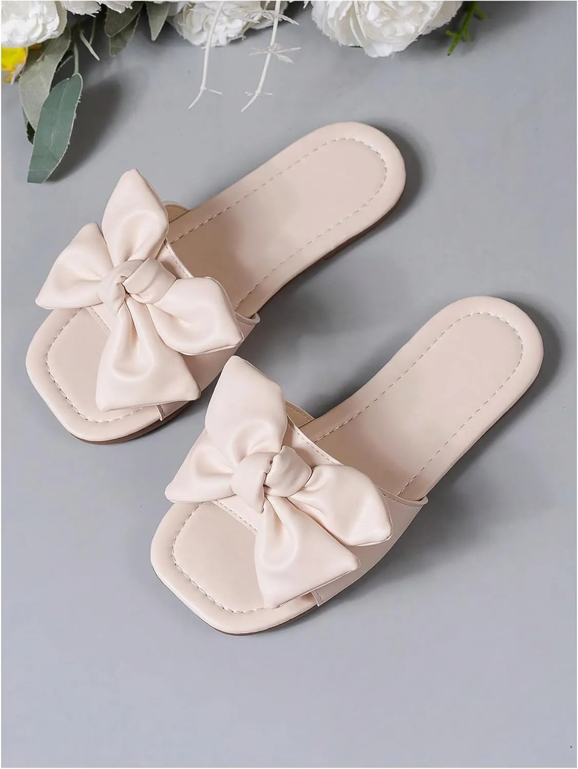 GORGLITTER Girl's Bow Tie Decor Single Band Flats Square Open Toe Pu Leather Slide Sandals