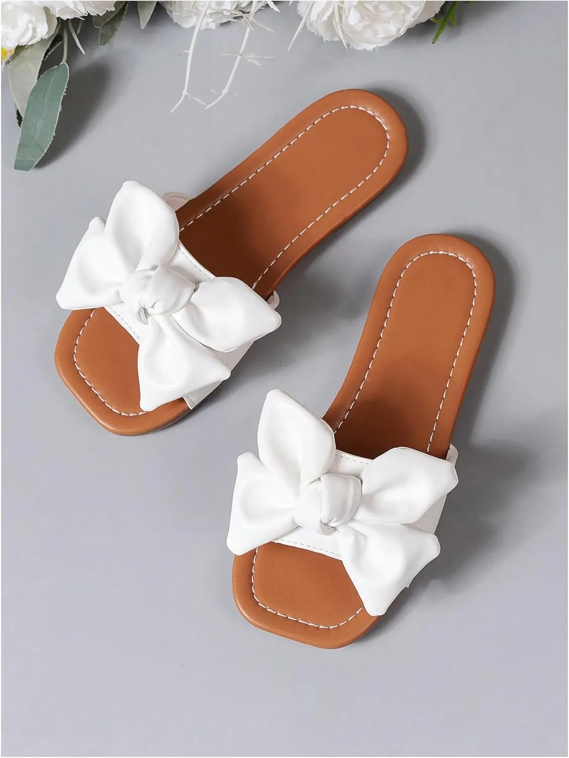 GORGLITTER Girl's Bow Tie Decor Single Band Flats Square Open Toe Pu Leather Slide Sandals