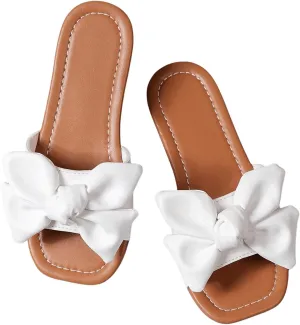 GORGLITTER Girl's Bow Tie Decor Single Band Flats Square Open Toe Pu Leather Slide Sandals