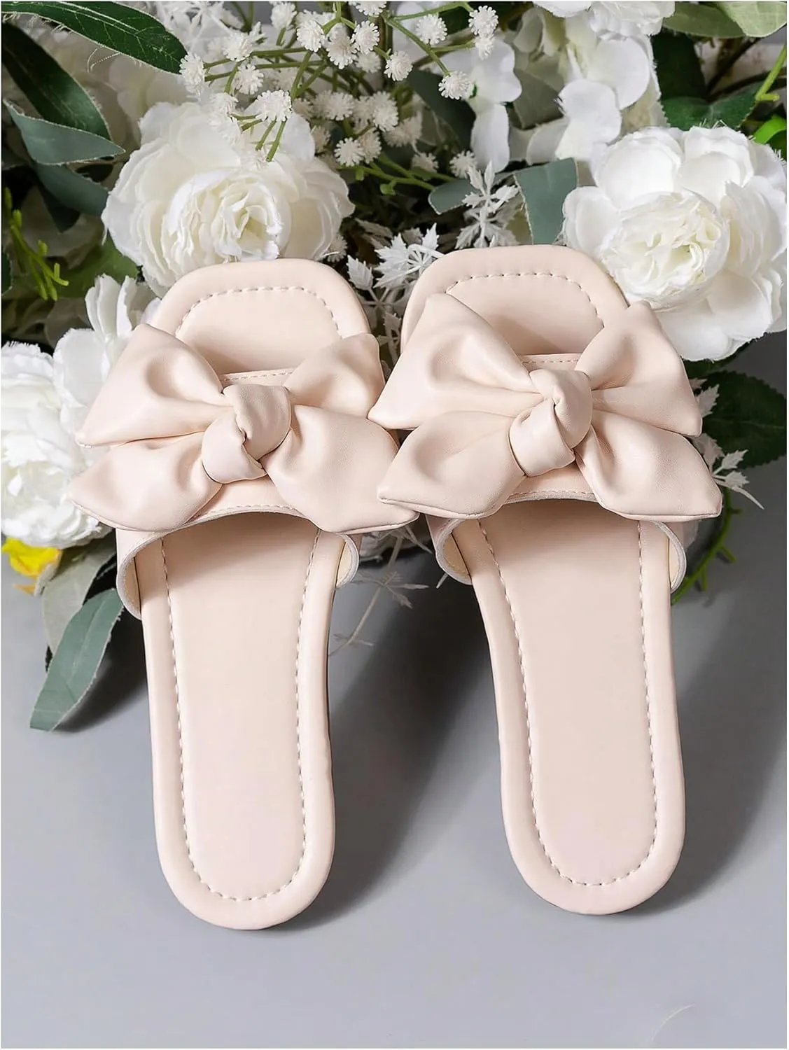 GORGLITTER Girl's Bow Tie Decor Single Band Flats Square Open Toe Pu Leather Slide Sandals