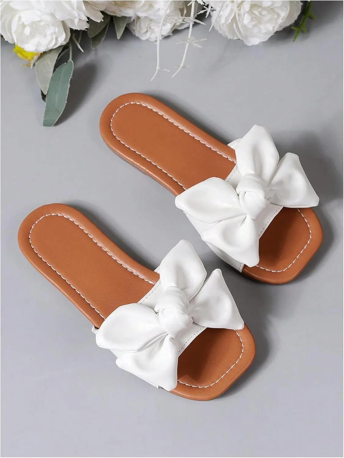 GORGLITTER Girl's Bow Tie Decor Single Band Flats Square Open Toe Pu Leather Slide Sandals