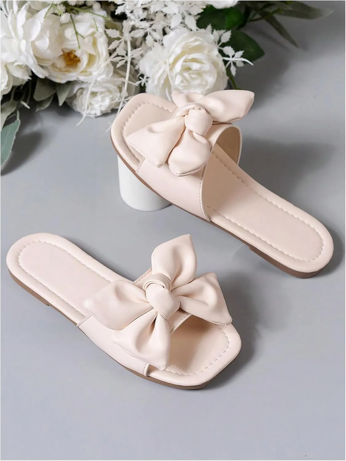 GORGLITTER Girl's Bow Tie Decor Single Band Flats Square Open Toe Pu Leather Slide Sandals