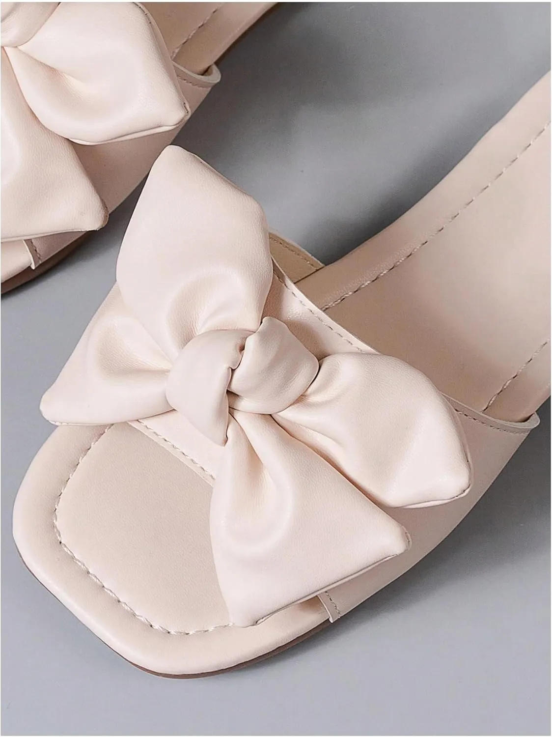 GORGLITTER Girl's Bow Tie Decor Single Band Flats Square Open Toe Pu Leather Slide Sandals