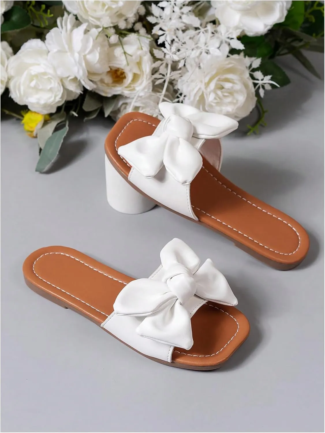 GORGLITTER Girl's Bow Tie Decor Single Band Flats Square Open Toe Pu Leather Slide Sandals