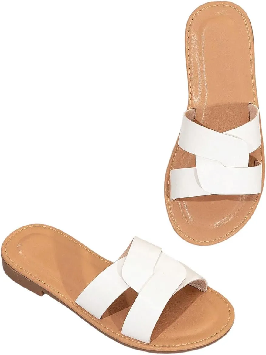 GORGLITTER Girl's Criss Cross Double Band Vacation Flats Open Toe Cute Summer Slide Sandals