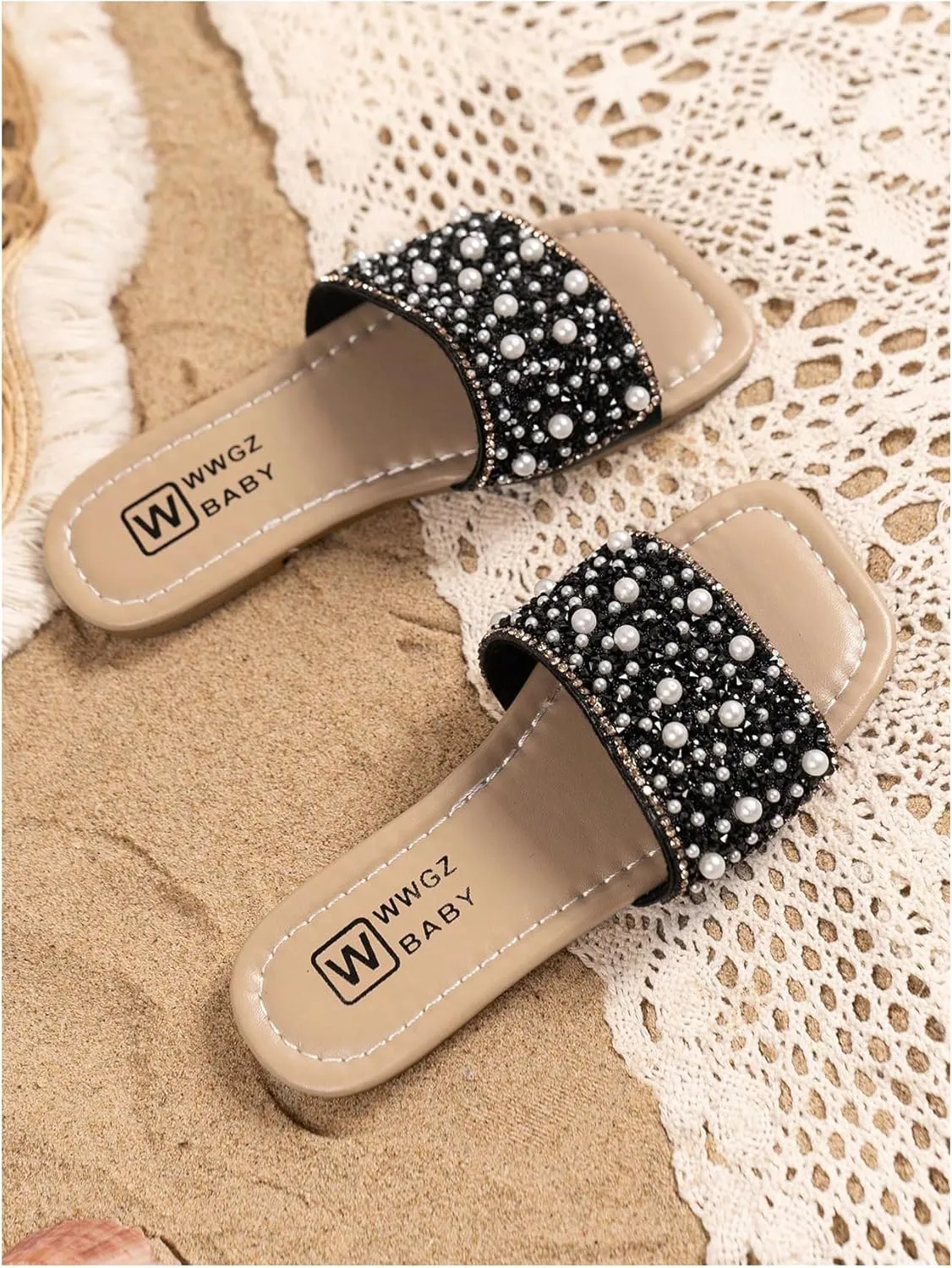 GORGLITTER Girl's Pearls Dress Flat Sandals Glitter Rhinestone Summer Open Toe Teens Slides