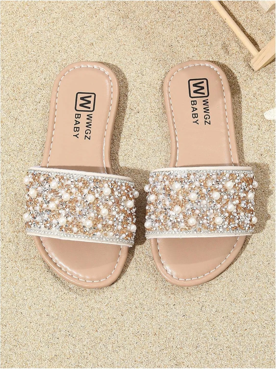 GORGLITTER Girl's Pearls Dress Flat Sandals Glitter Rhinestone Summer Open Toe Teens Slides