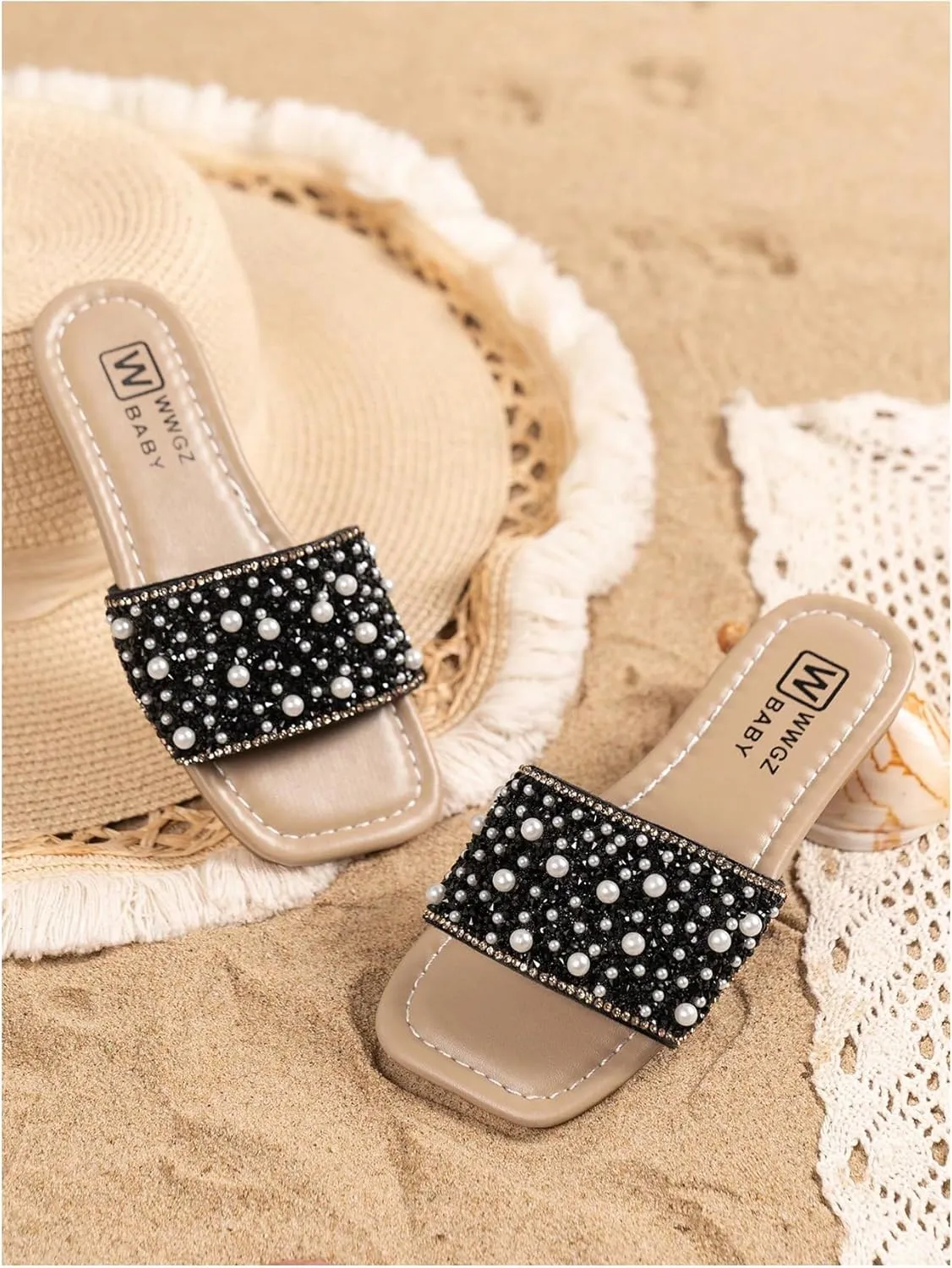 GORGLITTER Girl's Pearls Dress Flat Sandals Glitter Rhinestone Summer Open Toe Teens Slides