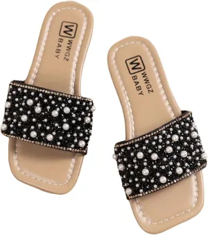 GORGLITTER Girl's Pearls Dress Flat Sandals Glitter Rhinestone Summer Open Toe Teens Slides