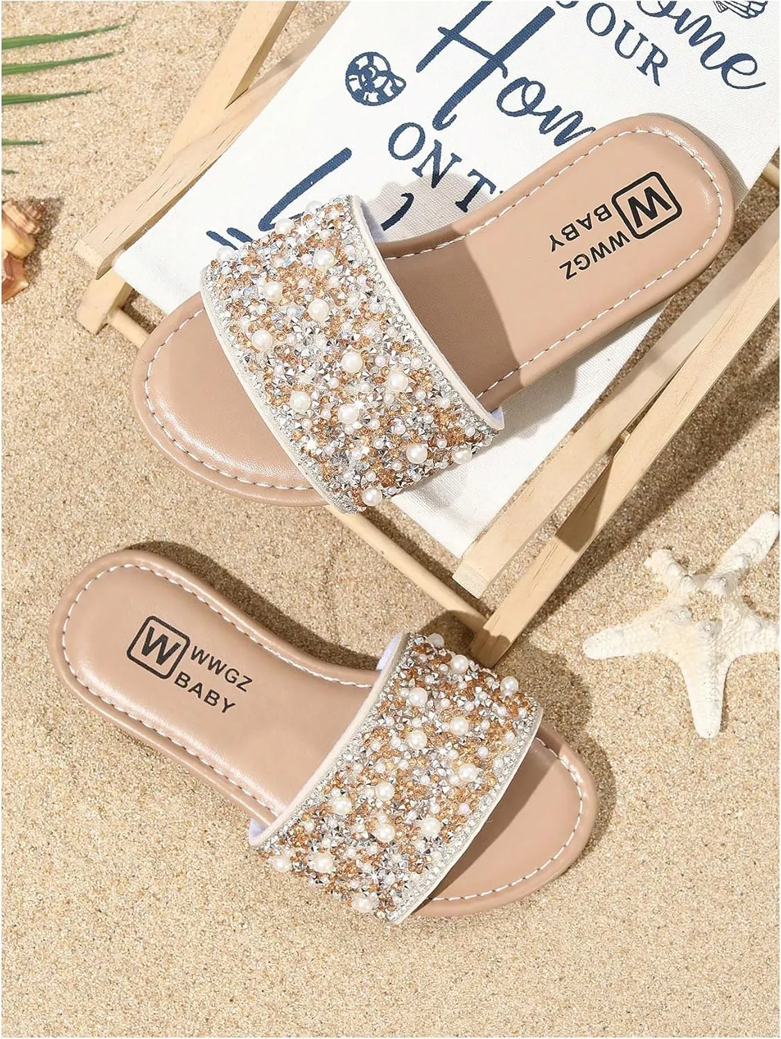 GORGLITTER Girl's Pearls Dress Flat Sandals Glitter Rhinestone Summer Open Toe Teens Slides