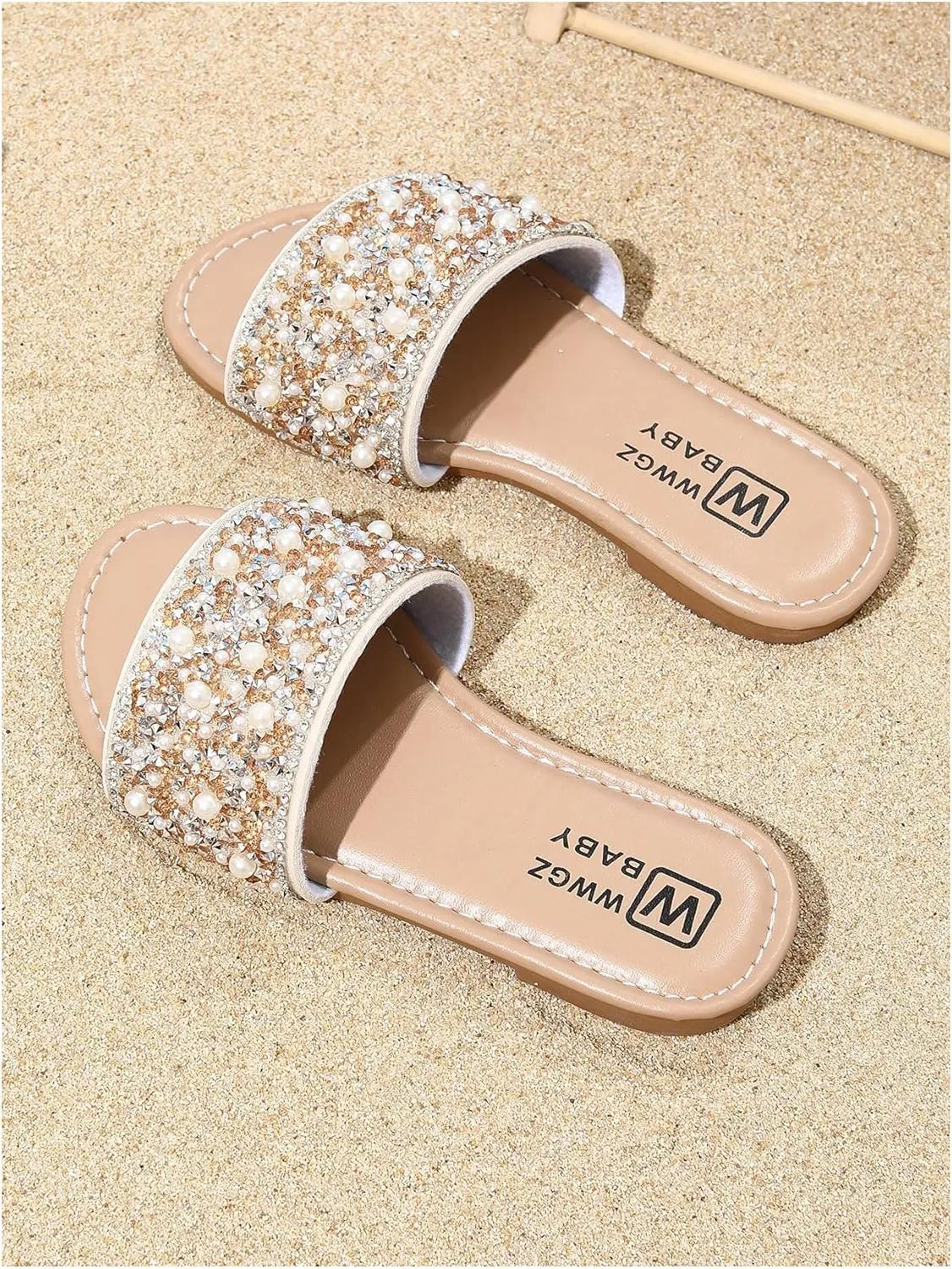 GORGLITTER Girl's Pearls Dress Flat Sandals Glitter Rhinestone Summer Open Toe Teens Slides