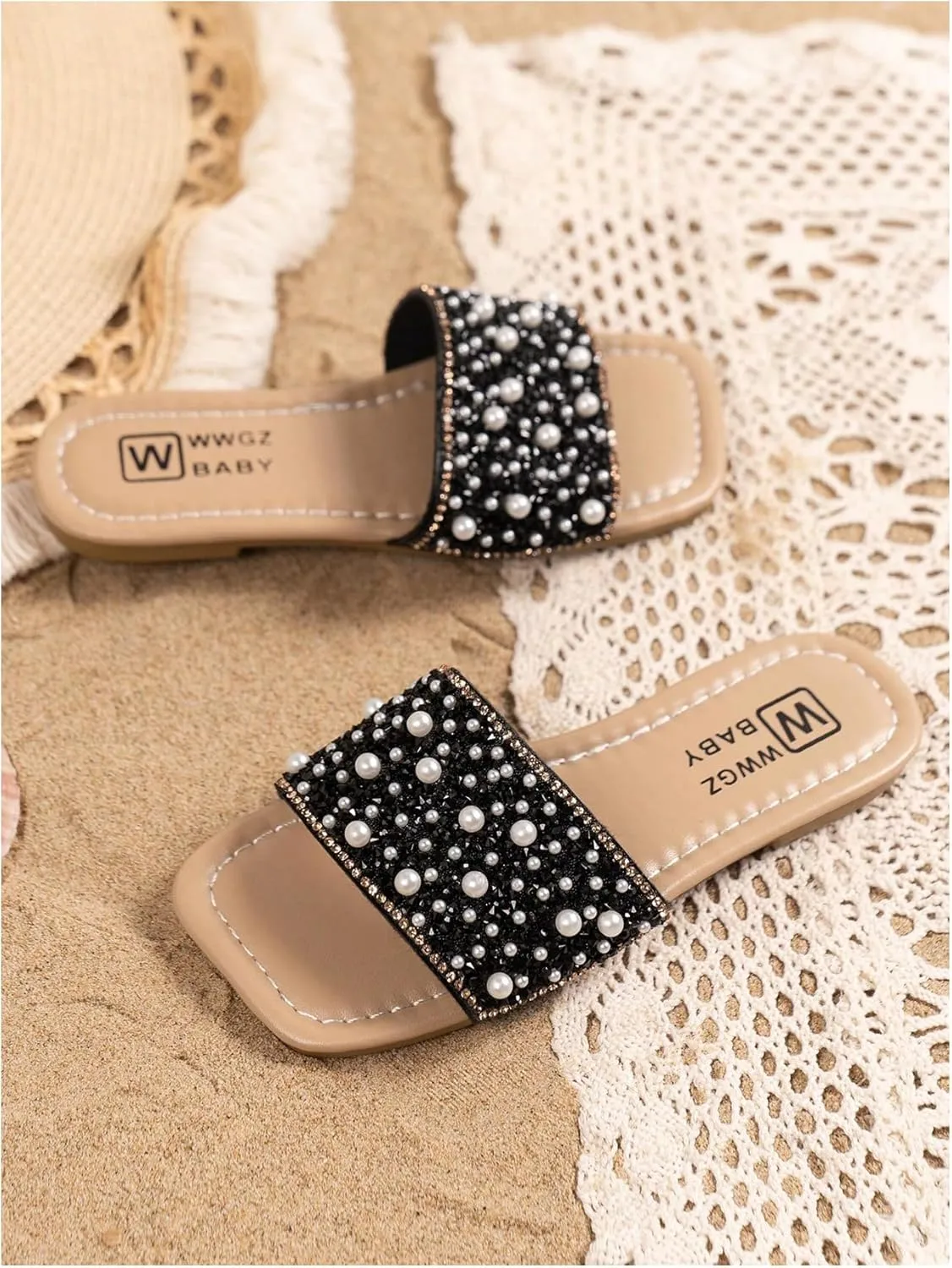 GORGLITTER Girl's Pearls Dress Flat Sandals Glitter Rhinestone Summer Open Toe Teens Slides