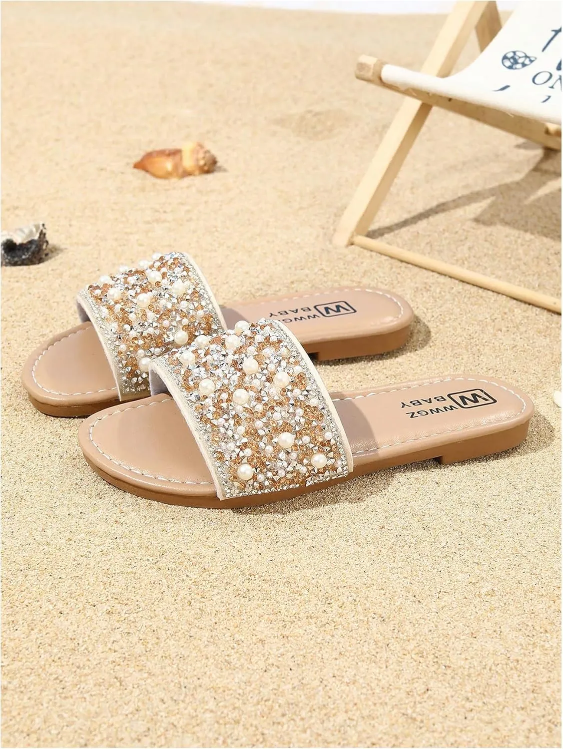 GORGLITTER Girl's Pearls Dress Flat Sandals Glitter Rhinestone Summer Open Toe Teens Slides