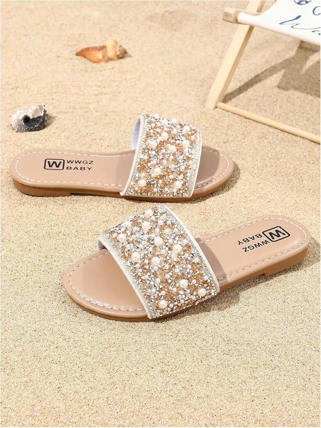 GORGLITTER Girl's Pearls Dress Flat Sandals Glitter Rhinestone Summer Open Toe Teens Slides
