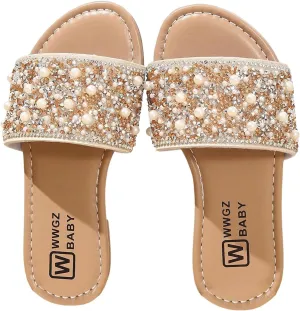 GORGLITTER Girl's Pearls Dress Flat Sandals Glitter Rhinestone Summer Open Toe Teens Slides
