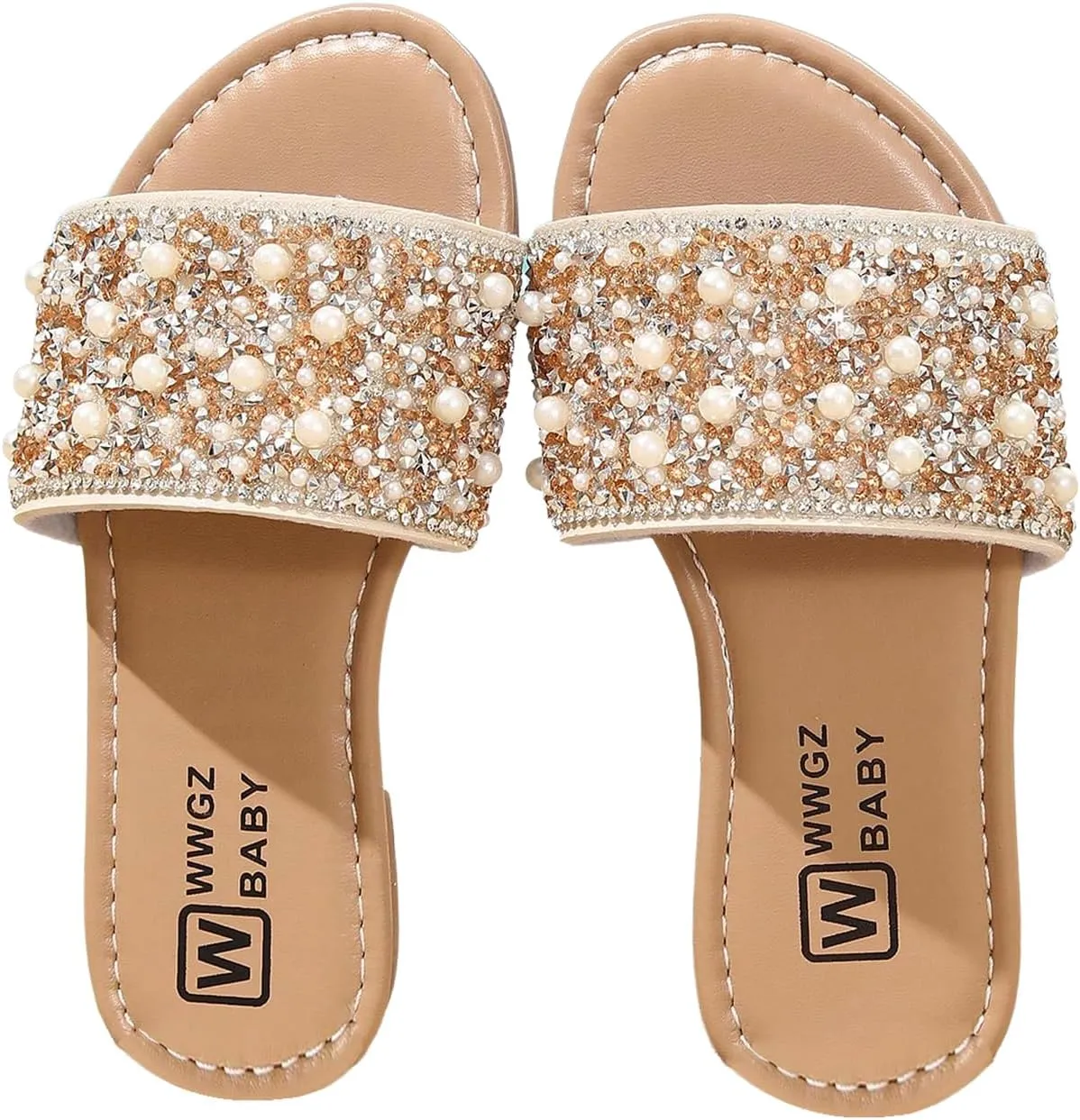 GORGLITTER Girl's Pearls Dress Flat Sandals Glitter Rhinestone Summer Open Toe Teens Slides
