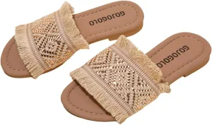 GORGLITTER Girl's Western Sandals Fringe Trim Open Toe Boho Beach Flat Shoes