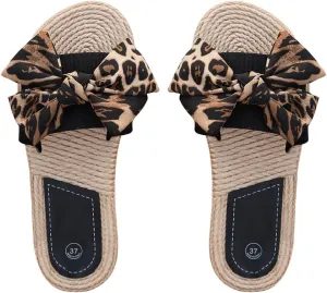 GORGLITTER Women's Bow Knot Flat Sandals Open Toe Slip On Slide Slipper Single Band Flats Black and Brown 9.5