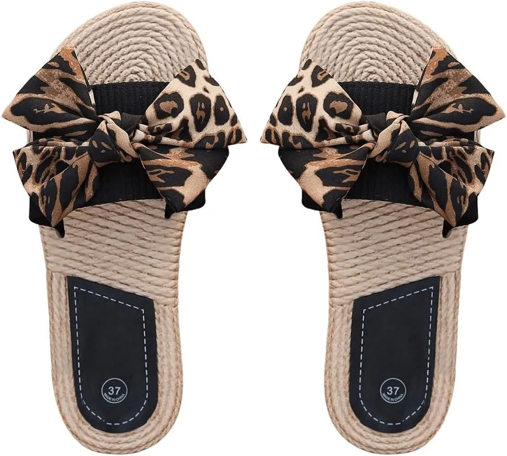 GORGLITTER Women's Bow Knot Flat Sandals Open Toe Slip On Slide Slipper Single Band Flats Black and Brown 9.5